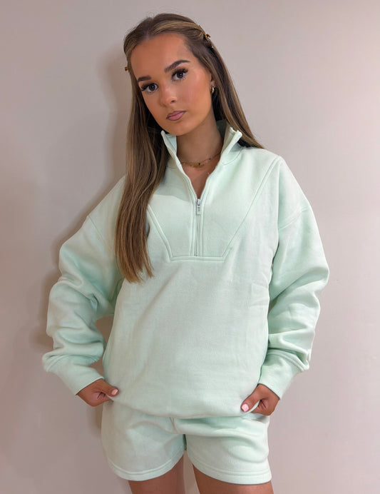 Mint Fleece Quarter Zip and Shorts Set