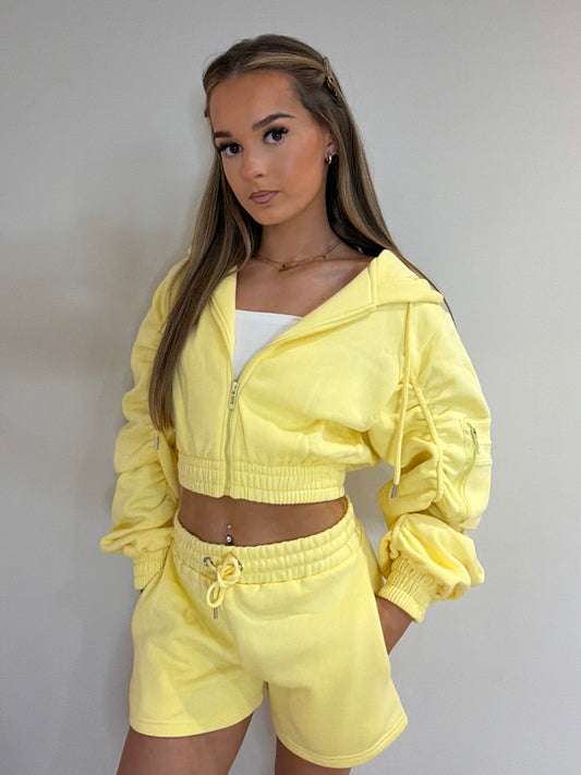 Lemon Cropped Ruched Sleeve Zip Hoodie and Shorts Set