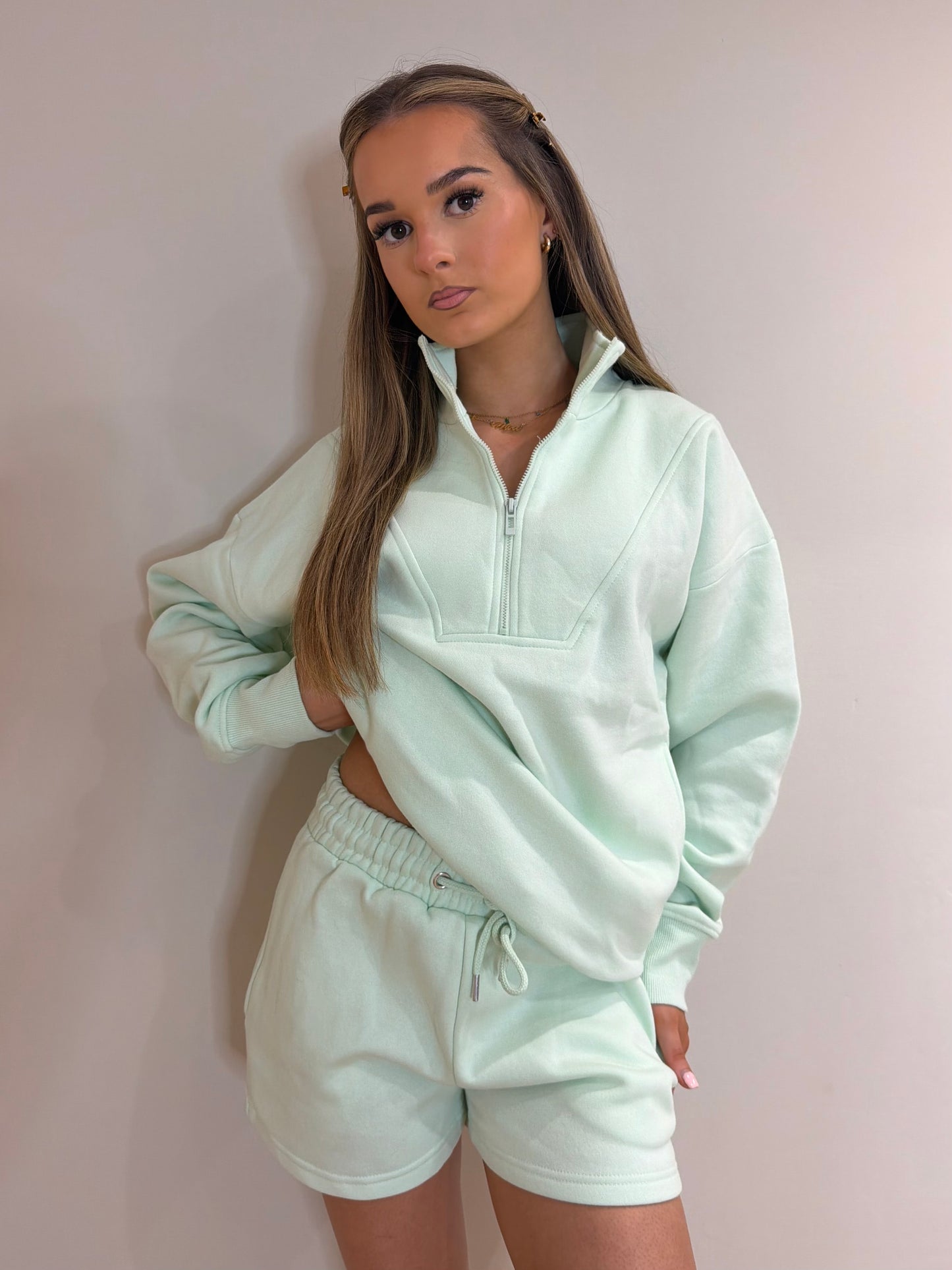Mint Fleece Quarter Zip and Shorts Set