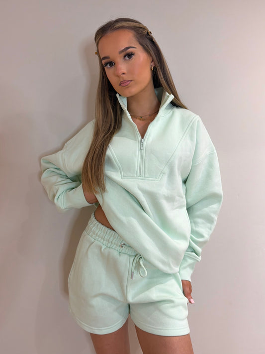 Mint Fleece Quarter Zip and Shorts Set