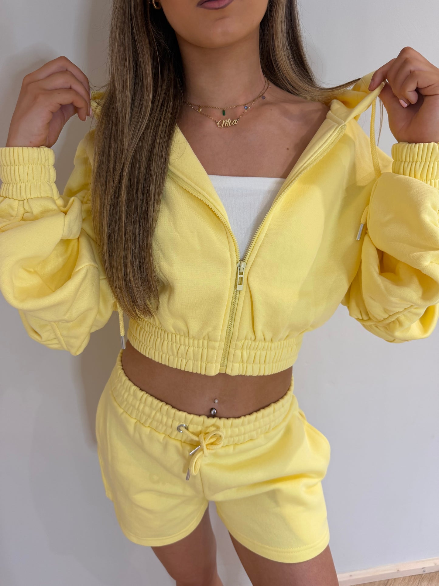 Lemon Cropped Ruched Sleeve Zip Hoodie and Shorts Set