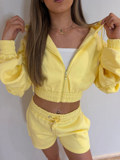 Lemon Cropped Ruched Sleeve Zip Hoodie and Shorts Set